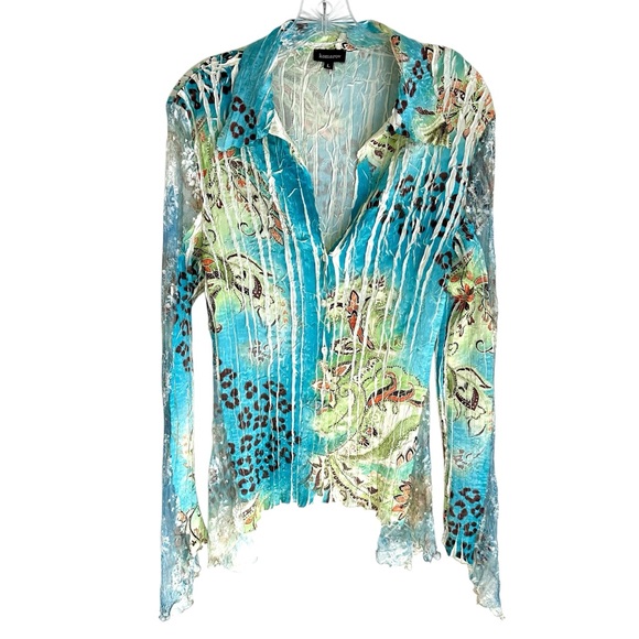 Komarov Blue Green Ivory Orange Long Sleeve Blouse Size Large. - Picture 5 of 5